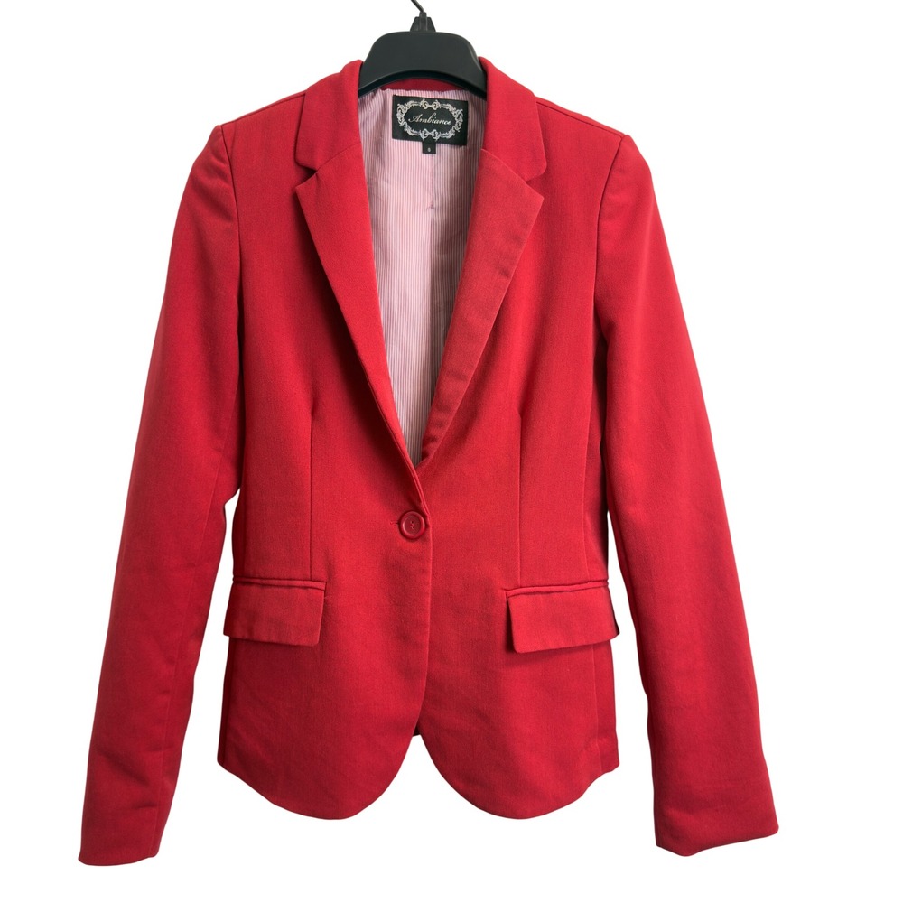 Ambiance Apparel Red Single Button Blazer Jacket Womens‎ Small Pockets Stetch